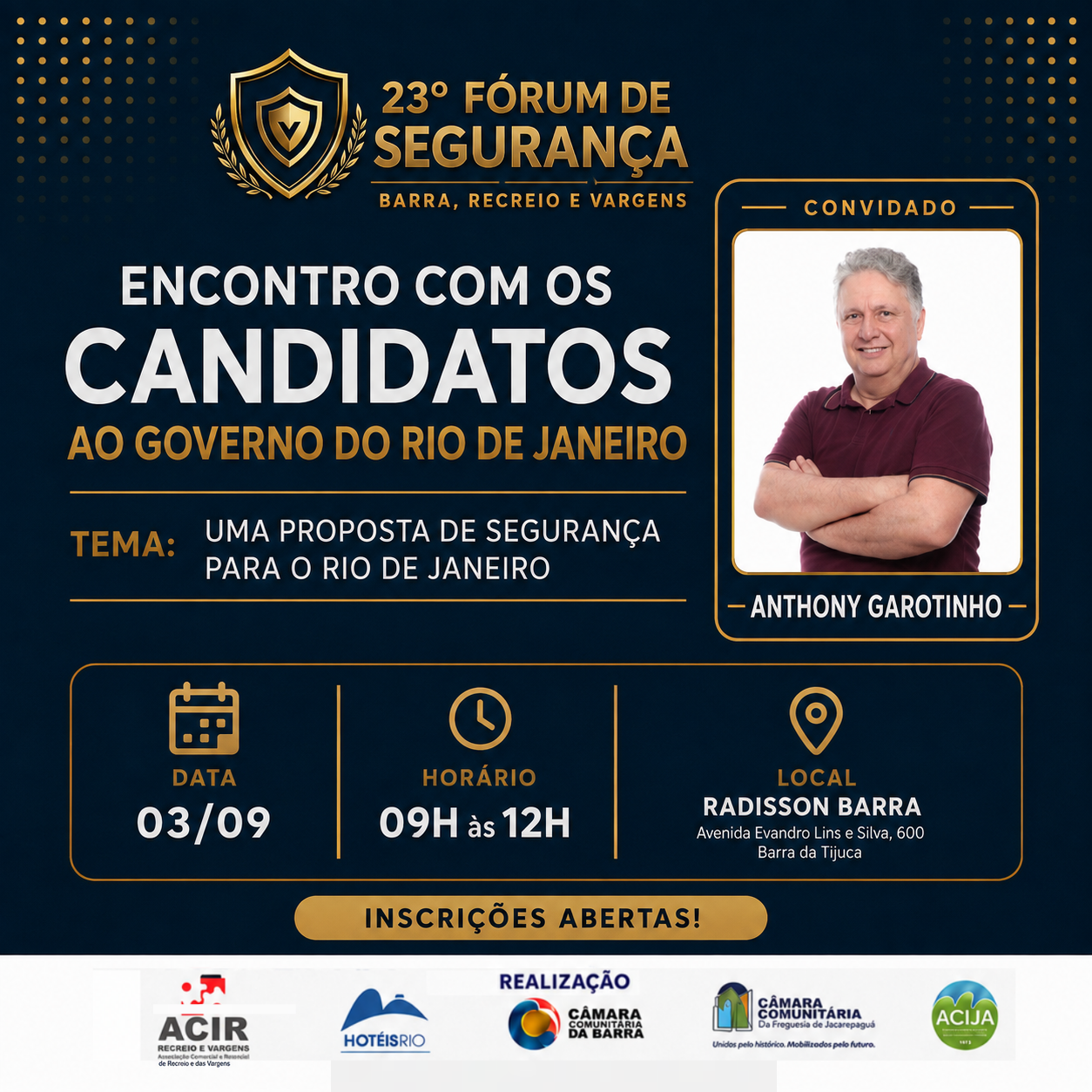 Arte oficial do encontro com Anthony Garotinho em 3 de setembro de 2026